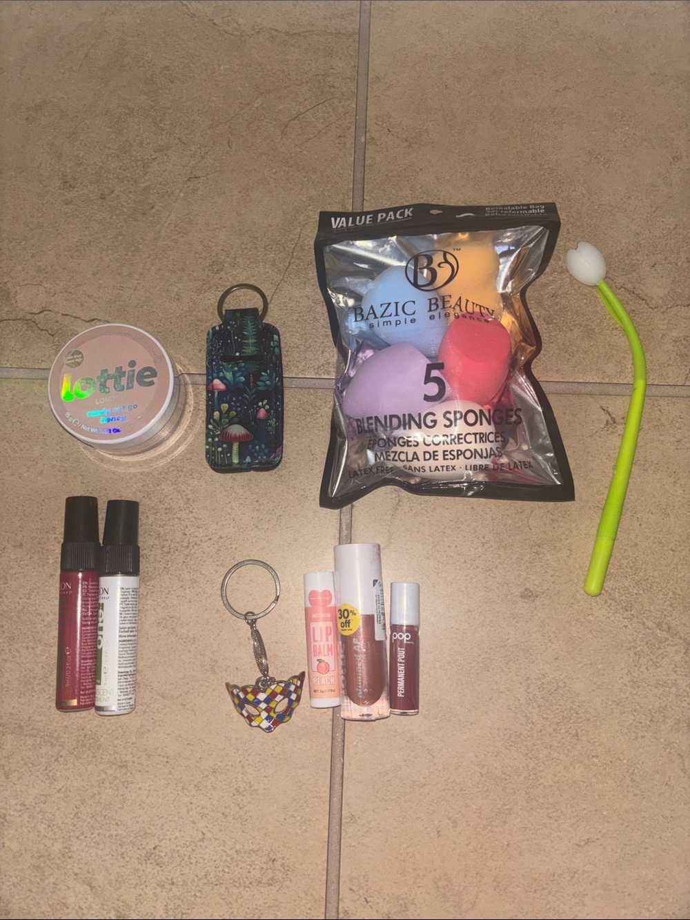 revlon hair treatment  lip gloss powder 2 key chains   Pen chapstick sponges